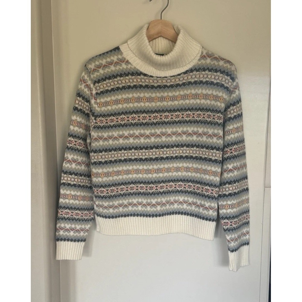 Vintage 90s Cottagecore Chunky Knit Fair Isle Women Large Sweater Turtleneck